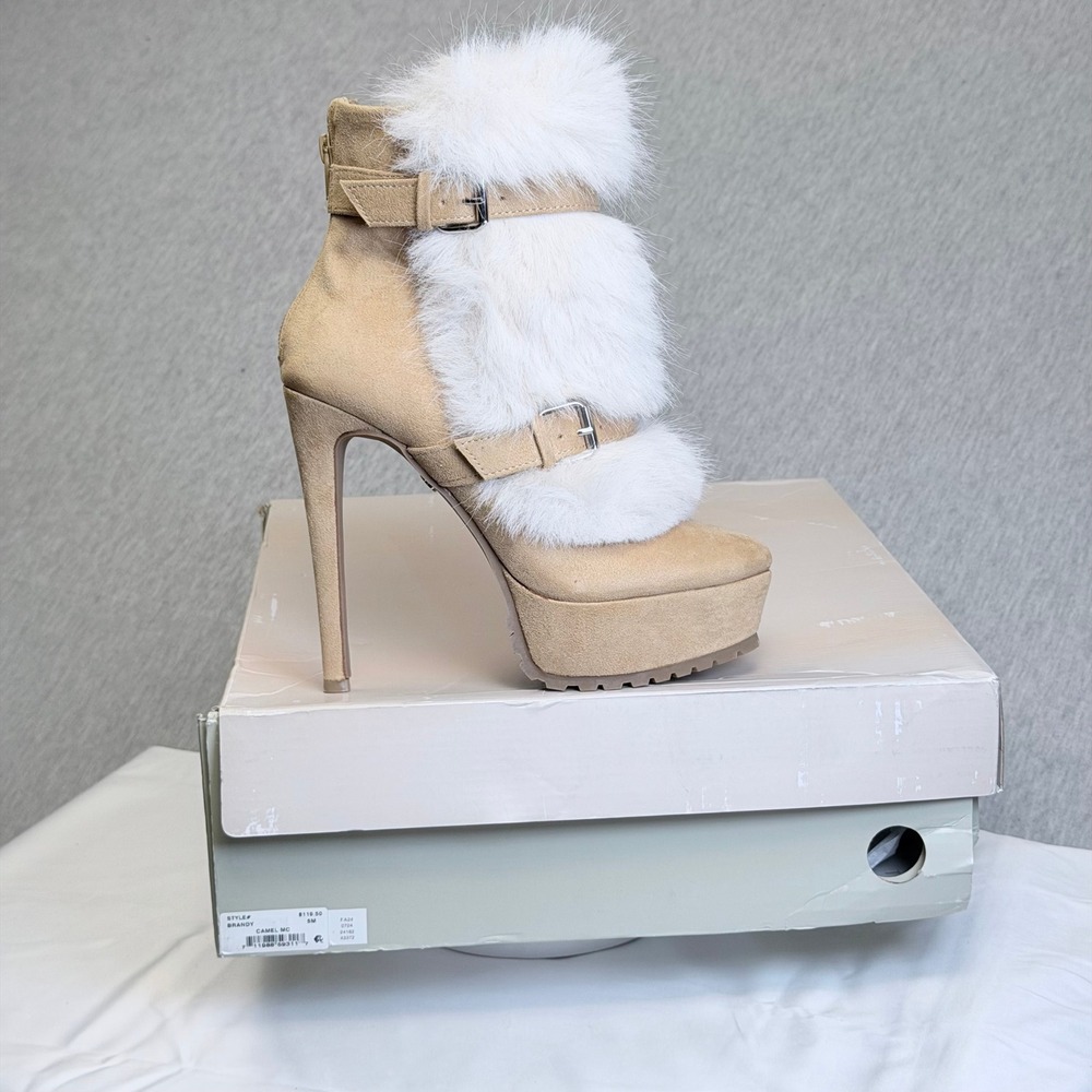Thalia Sodi Brandy Camel Faux Fur Platform Stiletto Ankle Boots SY2309-4TH 5M